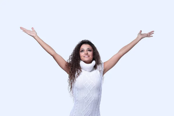 Chica feliz con los brazos extendidos fondo blanco —  Fotos de Stock