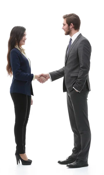Full-length handshake, business partners, isolated on white back — Stock Photo, Image