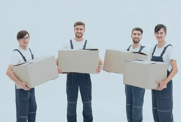 Foto-Arbeiter halten Kisten beim Wohnungswechsel, — Stockfoto