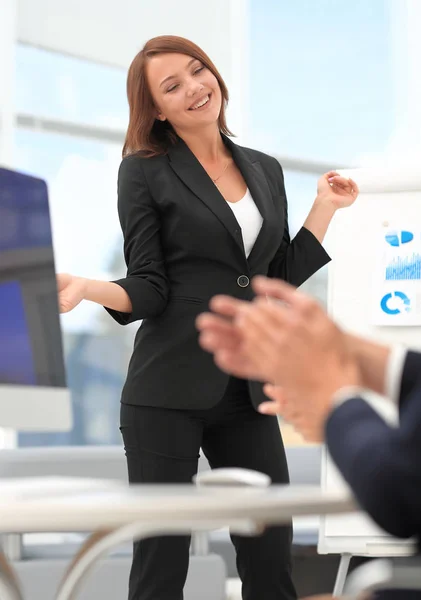 Business lady makes a report on the business presentation. — Stock Photo, Image