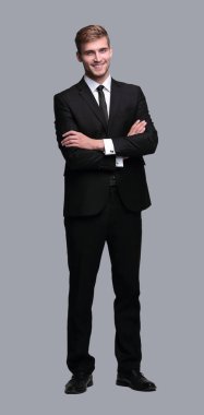 tam büyüme portre. silah ile başarılı iş adamı onun önüne geçti.