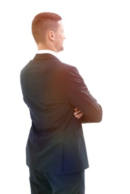 Geri bakış. Çantası olan kendine güvenen bir iş adamı.