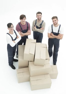 Taşıma kutuları, beyaz adam izole mutlu gülümseyen nakliyeciler