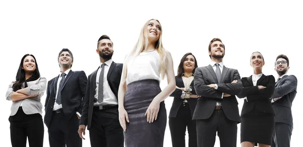 Feliz equipe de negócios bem sucedida isolado no fundo branco — Fotografia de Stock