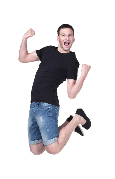 Engraçado alegre feliz homem pulando no ar sobre fundo branco — Fotografia de Stock