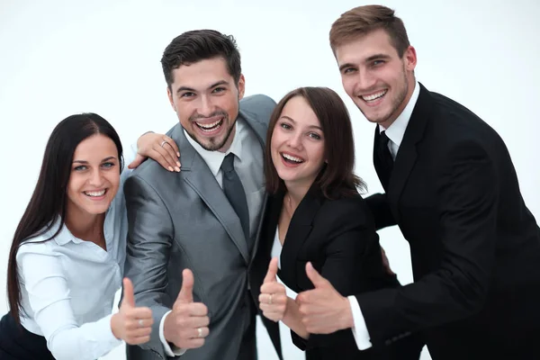 Счастливая бизнес-команда, показывающая большой палец вверх. — стоковое фото