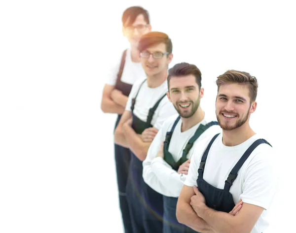 Cheerful team of responsible movers isolated on white background — Stock Photo, Image