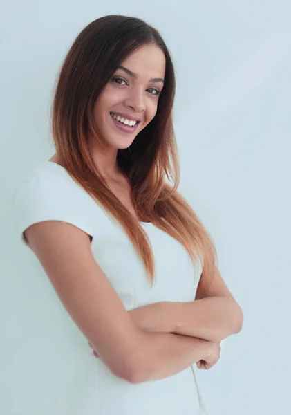 Γυναίκα των επιχειρήσεων ευτυχής χαμογελώντας - την απομονωμένη πάνω σε λευκό φόντο — Φωτογραφία Αρχείου