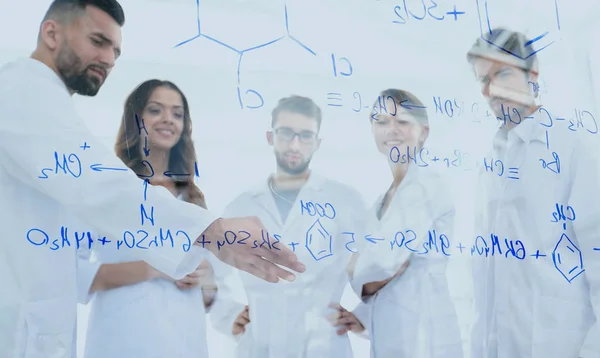 In the background image group laboratory scientists discussing their research — Stock Photo, Image