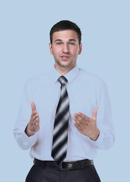 Retrato de um belo empresário gesticulando isolado em branco . — Fotografia de Stock