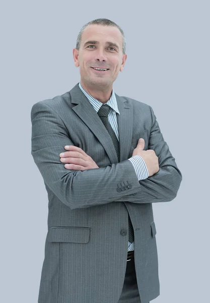 Portret van succesvolle volwassen business man die lacht tegen grijs — Stockfoto