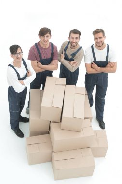 Taşıma kutuları, beyaz adam izole mutlu gülümseyen nakliyeciler