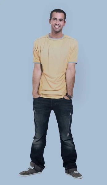 Young happy casual man portrait, isolated on gray background — Stock Photo, Image