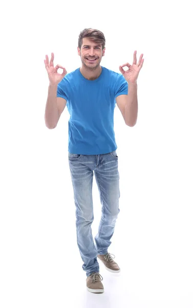 Sorridente ragazzo moderno mostrando gesto OK. isolato su bianco — Foto Stock