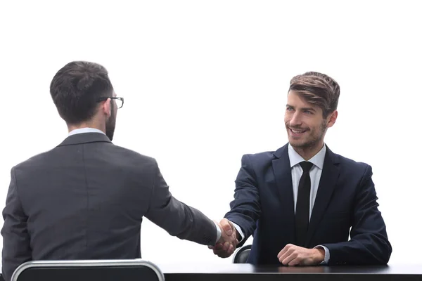 Handshake business people sitting at the table — Stock Photo, Image