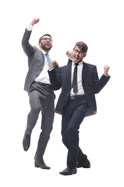 En pleine croissance. deux jeunes hommes d'affaires heureux dansant — Photo