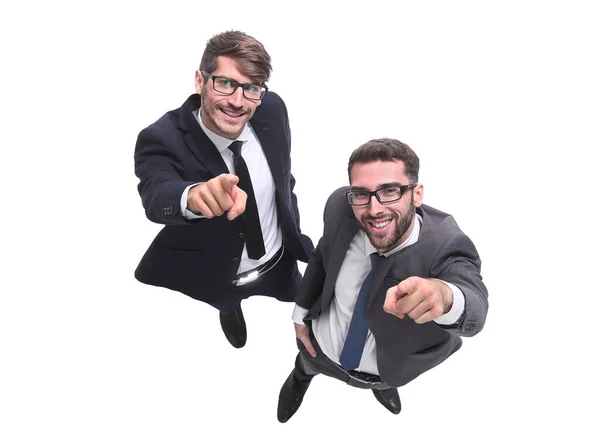 Vue de dessus. deux hommes d'affaires souriants regardant la caméra — Photo