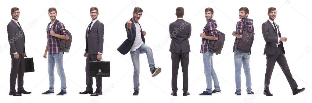 panoramic collage of self-motivated young man .isolated on white