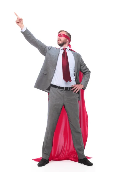 Confident superhero businessman pointing to copy space. — Stock Photo, Image