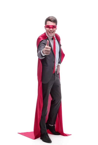 Hombre de negocios superhéroe sonriente mostrando pulgares hacia arriba. aislado en blanco — Foto de Stock