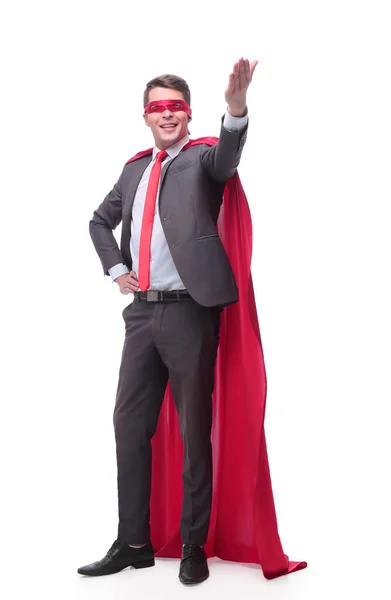 Smiling superhero businessman pointing to copy space — Stock Photo, Image