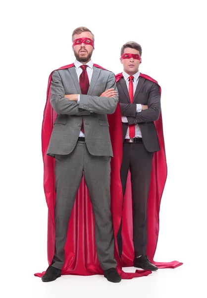 Dos hombres de negocios superhéroes de pie juntos. aislado en blanco — Foto de Stock