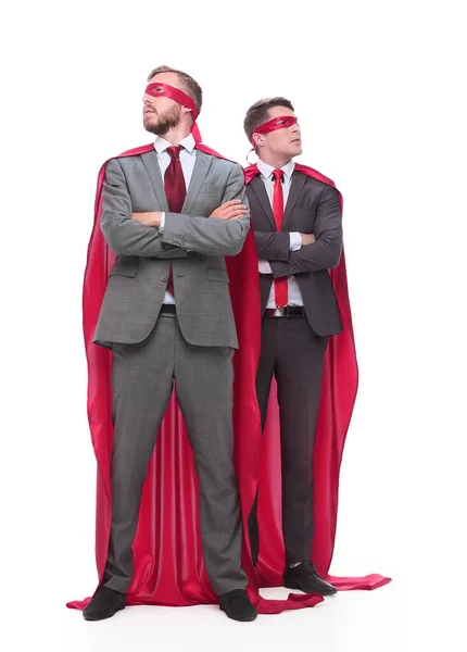 Two business men superheroes standing together. isolated on white — Stock Photo, Image