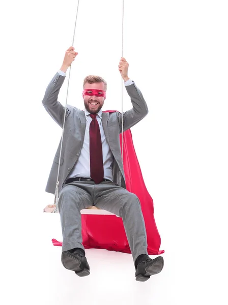 Happy businessman in a superhero Cape. isolated on white — Stock Photo, Image