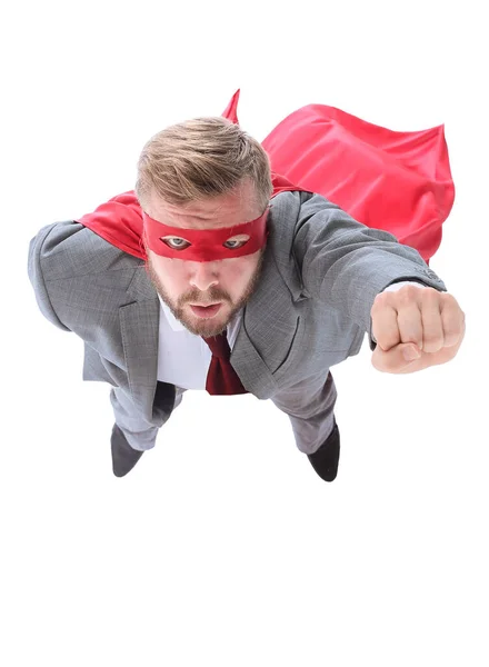 Flying superhero businessman looking at the camera. — Stock Photo, Image