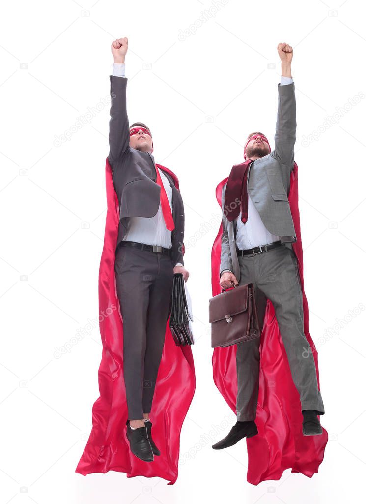 two business leaders in superhero capes starting out together