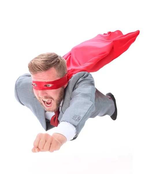 Pewny siebie biznesmen superbohater lecący naprzód. zdjęcie z miejscem na tekst — Zdjęcie stockowe