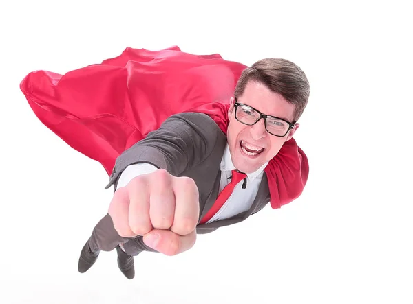 Selbstbewusster Superhelden-Geschäftsmann fliegt zu Ihnen — Stockfoto