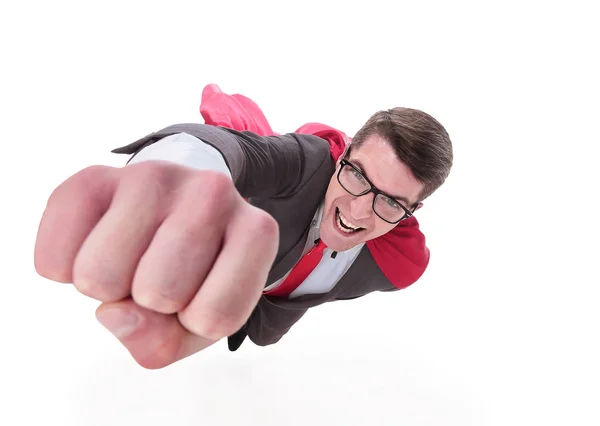 Confident superhero businessman is flying to you — Stock Photo, Image