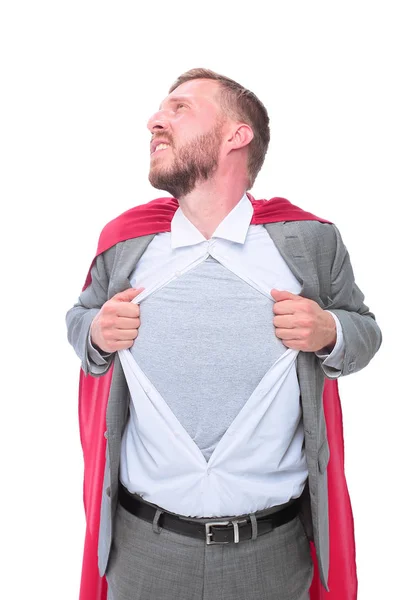 Empresário em pose de super-herói clássico rasga sua camisa — Fotografia de Stock