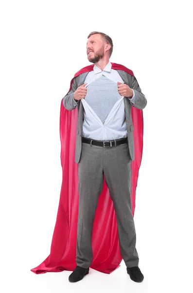 In full growth. Businessman in superhero pose rips his shirt — Stock Photo, Image
