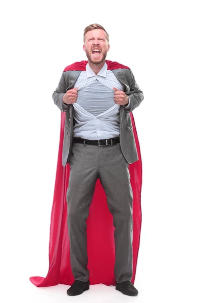 In full growth. businessman in superhero Cape rips his shirt. — Stock Photo, Image