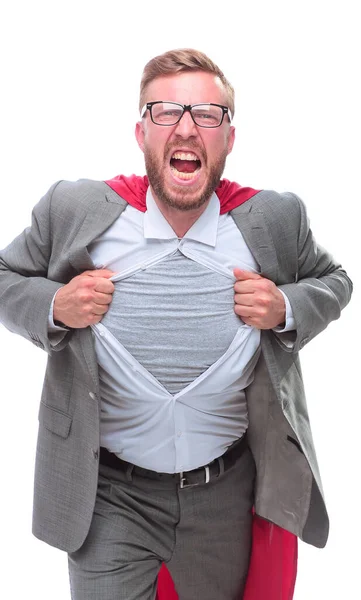 Целеустремленный бизнесмен в супергероическом плаще порвал свою рубашку — стоковое фото
