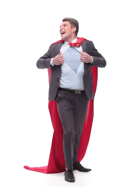 Young businessman in superhero Cape ripping his shirt — Stock Photo, Image