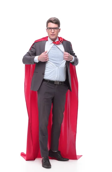 В полном росте. кричащий бизнесмен в позе супергероя — стоковое фото