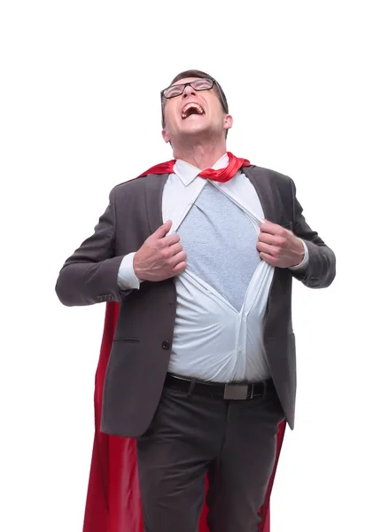 Happy young businessman ripping his shirt on his chest — Stock Photo, Image