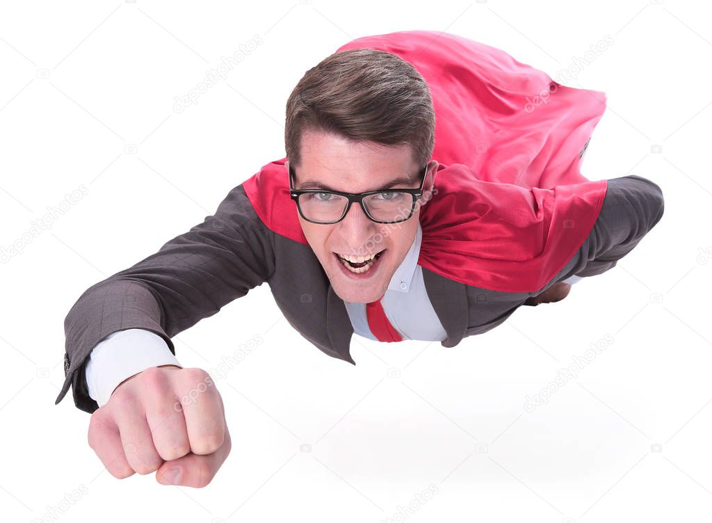 confident superhero businessman is flying to you