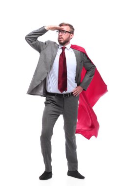 Tam gelişim. Uzağa bakan süper kahraman iş adamı