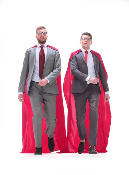 In full growth. two superhero businessman walking together. — Stock Photo, Image