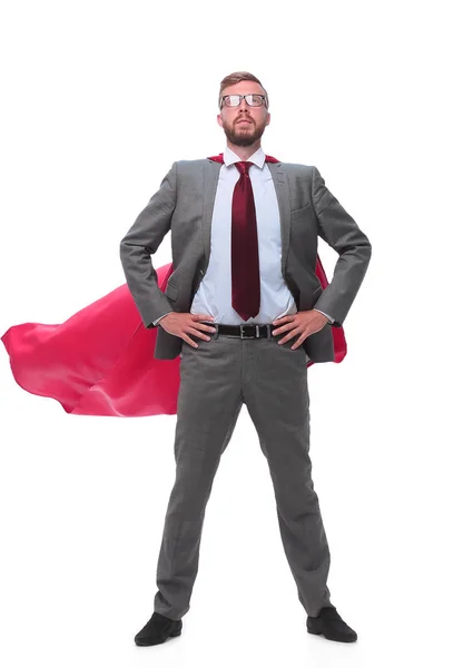 Full length. уверенный в себе супергерой бизнесмен в красном плаще — стоковое фото
