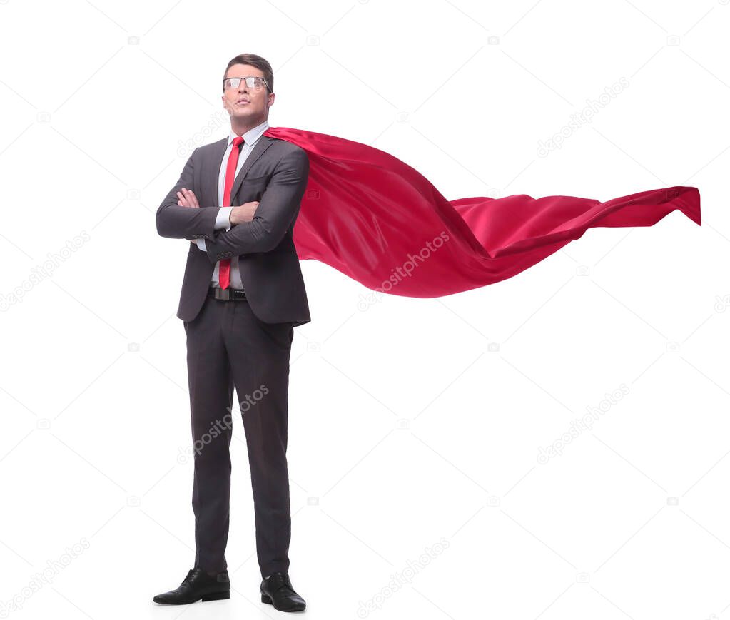 full length . confident businessman superhero in a red Cape