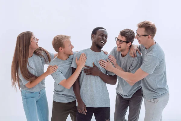 Amigos felizes de pé juntos. isolado em branco — Fotografia de Stock