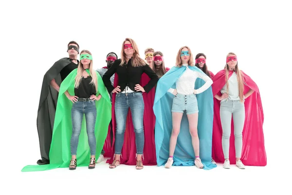 Уверенная команда супергероев, смотрящих в одном направлении — стоковое фото