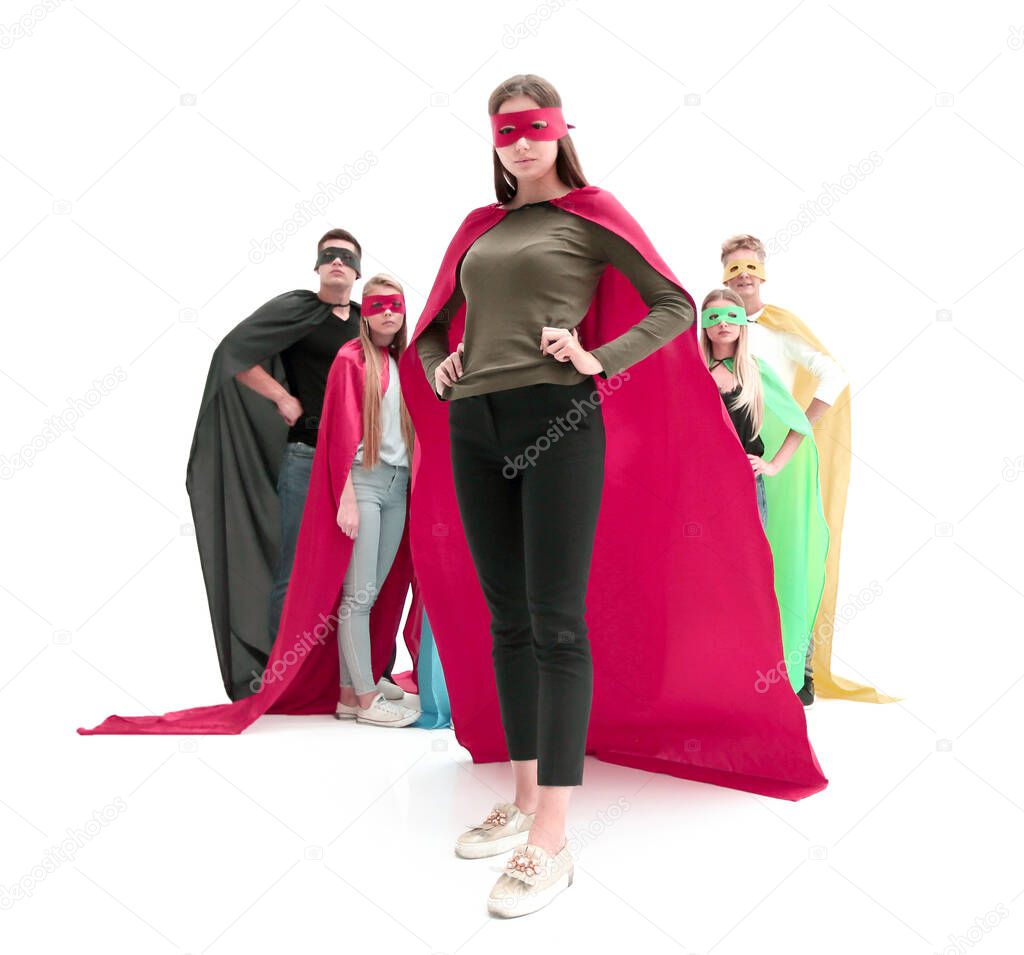 confident young woman in a red cloak of a superhero