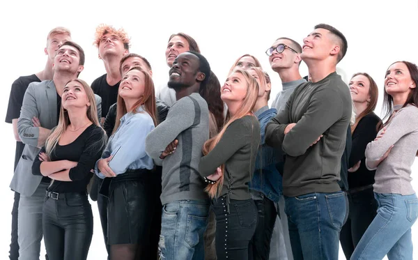 Grote groep vrienden die hopelijk opkijken. geïsoleerd op wit — Stockfoto