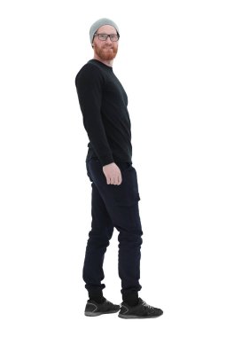 Pozitif sakallı adam kameraya bakıyor. beyaz üzerine izole